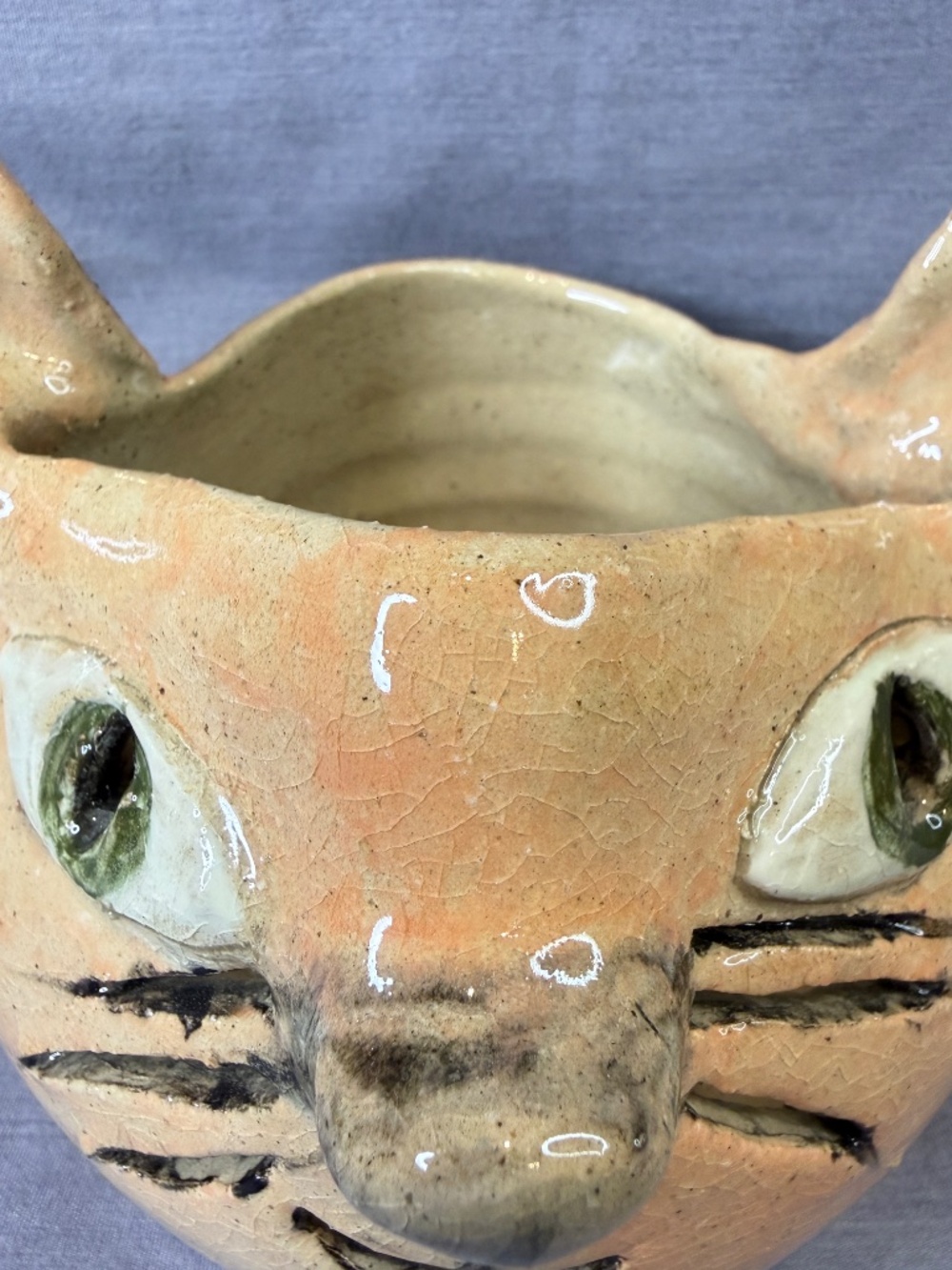 Folk Art Cat Pottery Tealight Candle Holder Trinket Dish Bowl Handmade - Picture 10 of 12